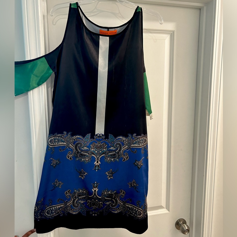 Black silk dress with blue and green detailing with shoulder sleeves. Size:small